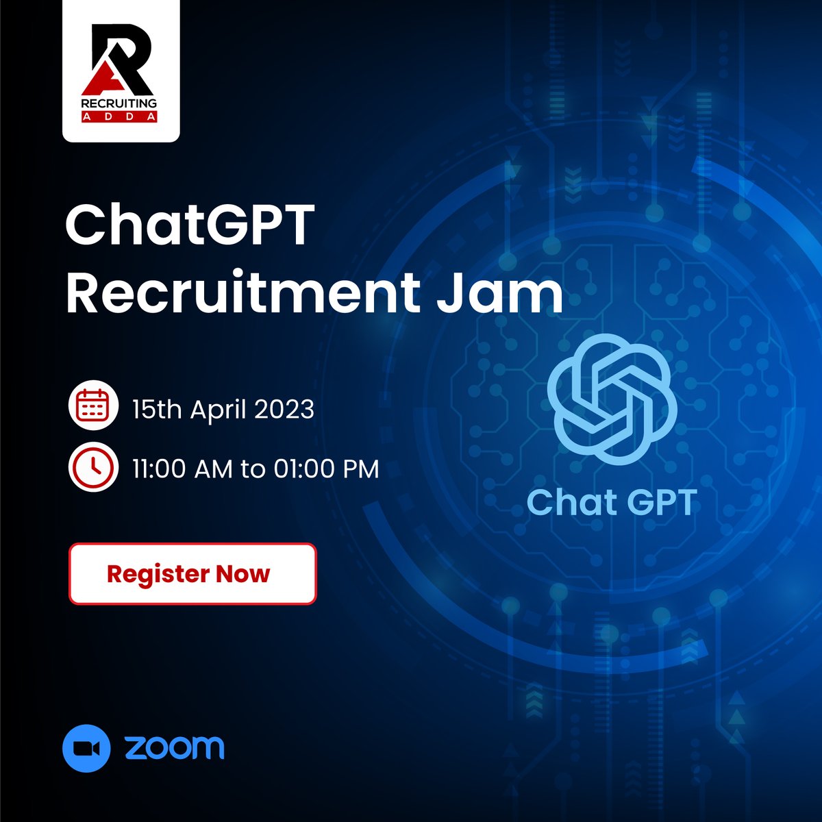 Revolutionise your Recruitment process with the power of Generative AI at the ChatGPT Recruitment Jam by Recruiting ADDA. Register Now: bit.ly/3nVsOOE 

#chatgpt #AI #chatbots #RAChatGPTWebinar #recruitingadda #sourcingadda #recruitment2023 #communityevent