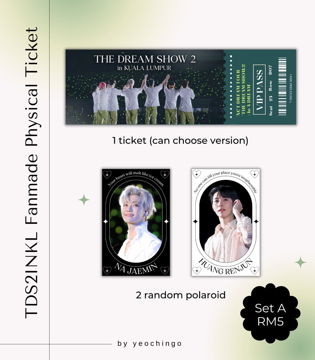 YeochinGo's tweet photo. [MY GO] TDS2INKL Fanmade Physical Ticket 🎫

Calling for 🇲🇾 nctzen! Finally we're dropping the #TDS2inKL collection 💚

🔗 https://t.co/5i7ALamXkm
🏷️ RM5 - RM30
🔚 20/4 (11PM)

#YCGmerch #TDS2inMY #TDS2INKL #THEDREAMSHOW2_in_KL #THEDREAMSHOW2_In_A_DREAM #pasarNCT #pasarNCTmy https://t.co/7dvWznjK3a