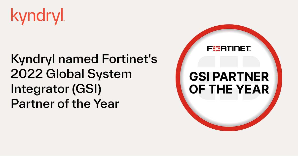 Kyndryl is honored to be <a href="/Fortinet/">Fortinet</a>'s 2022 Global Systems Integrator (GSI) Partner of the Year for delivering #CyberResilience integrated, high-performance security solutions with <a href="/FortinetPartner/">Fortinet Partner</a>.

Read more: linkedin.com/pulse/kyndryl-…

#TheHeartOfProgress #FortinetPartner