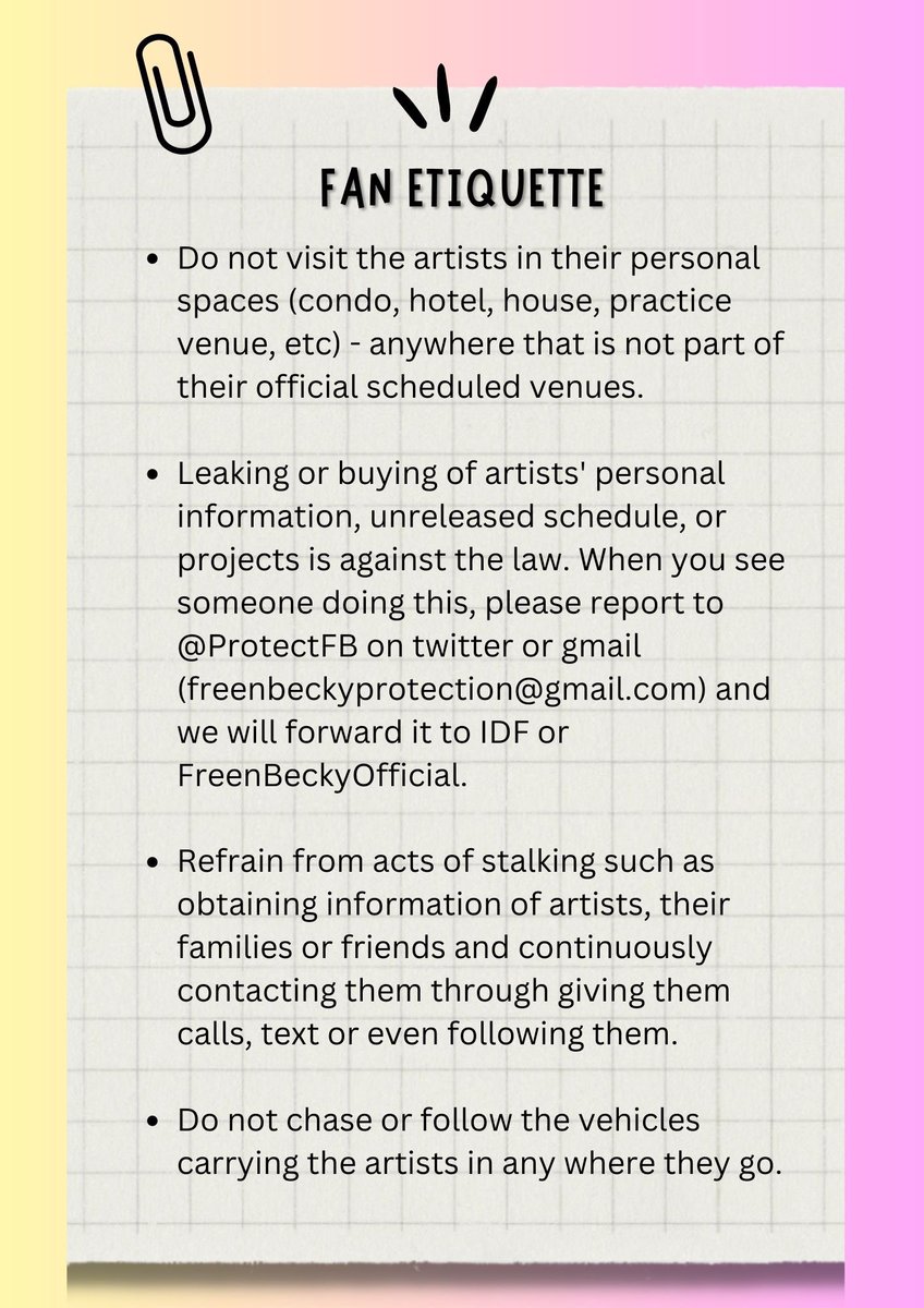 FreenBecky_PH's tweet photo. Bilang isang lumalaking pamilya at sina #srchafreen & #beckysangels ay malapit na magsimula sa kanilang world tour, ang FreenBecky United Fanbases ay nagkaroon ng kasunduan para magkaroon ng FAN ETIQUETTE.

Kinakailangan namin ang inyong 101% kooperasyon para istriktong sundin ang mga nakasaad sa listahan sa ibaba upang mapanatili ang mabuting ugnayan bilang fan-artist relationship.

Maraming salamat po!
