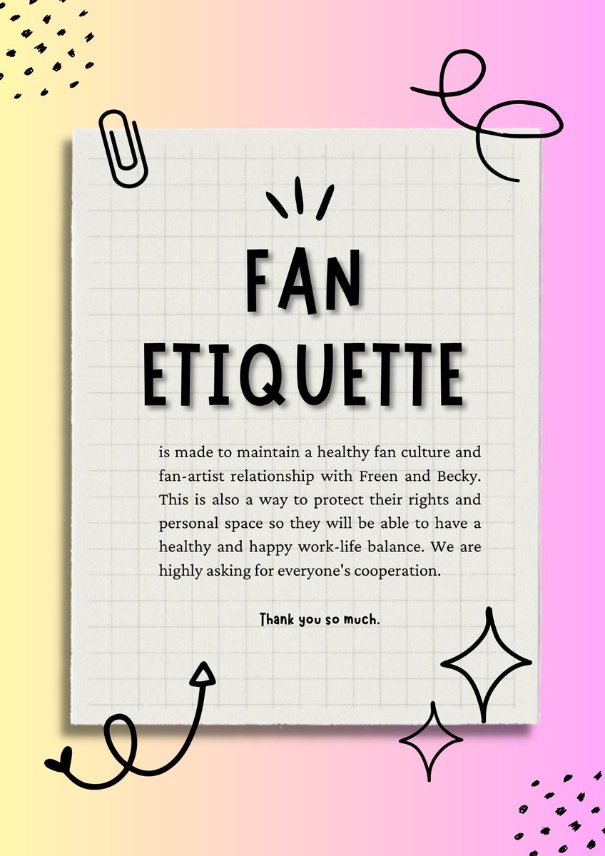 FreenBecky_PH's tweet photo. Bilang isang lumalaking pamilya at sina #srchafreen & #beckysangels ay malapit na magsimula sa kanilang world tour, ang FreenBecky United Fanbases ay nagkaroon ng kasunduan para magkaroon ng FAN ETIQUETTE.

Kinakailangan namin ang inyong 101% kooperasyon para istriktong sundin ang mga nakasaad sa listahan sa ibaba upang mapanatili ang mabuting ugnayan bilang fan-artist relationship.

Maraming salamat po!