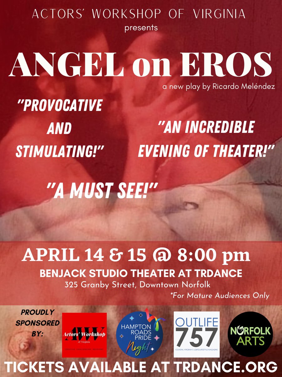 HRPrideVA's tweet photo. Hampton Roads Pride,  @TRDanceCenter ,  Actor’s Workshop of Virginia and  Norfolk Arts proudly present:

“ANGEL on EROS”
(A Special Return Performance to Norfolk, VA)
April 14 &amp; 15 Only!
Get your Tickets at: https://t.co/1t9ZoIhqXV

#757pride #hrpride https://t.co/h5LGBb2hOY