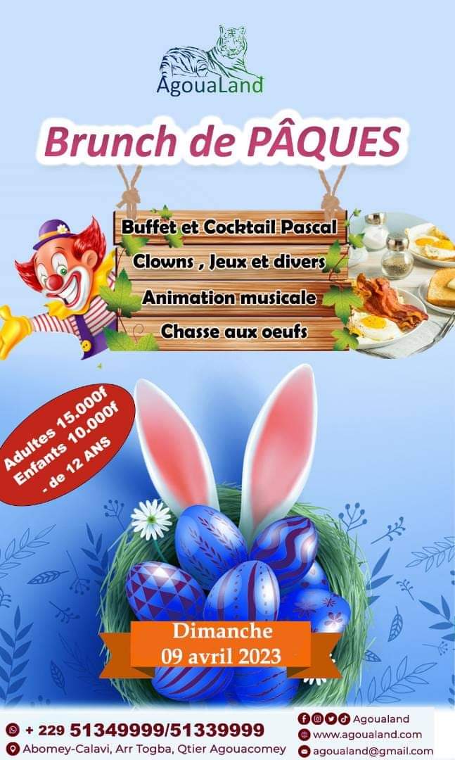 MagicRecre's tweet photo. Brunch de Pâques à AgouaLand ce dimanche 9 avril 2023. Buffet et cocktail, animation musicale, jeux divers et chasse aux œufs seront au rendez-vous. 
Prenez vos tickets. 15.000f pour les adultes et 10.000f pour les enfants (-12 ans).

#magicrecre #agoualand #paques #wasexo https://t.co/pvWiGcFZES