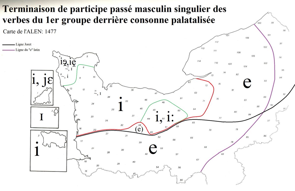 Sûrement le trait distinctif le plus marquant du normand occidental par rapport au normand oriental: les terminaisons verbales (infinitif et participe passé)  en /i/ derrière consonne palatalisée (tʲ, c, ɟ, ʎ, j...).
Encore une fois, l'isoglosse suit la ligne Joret au sud.