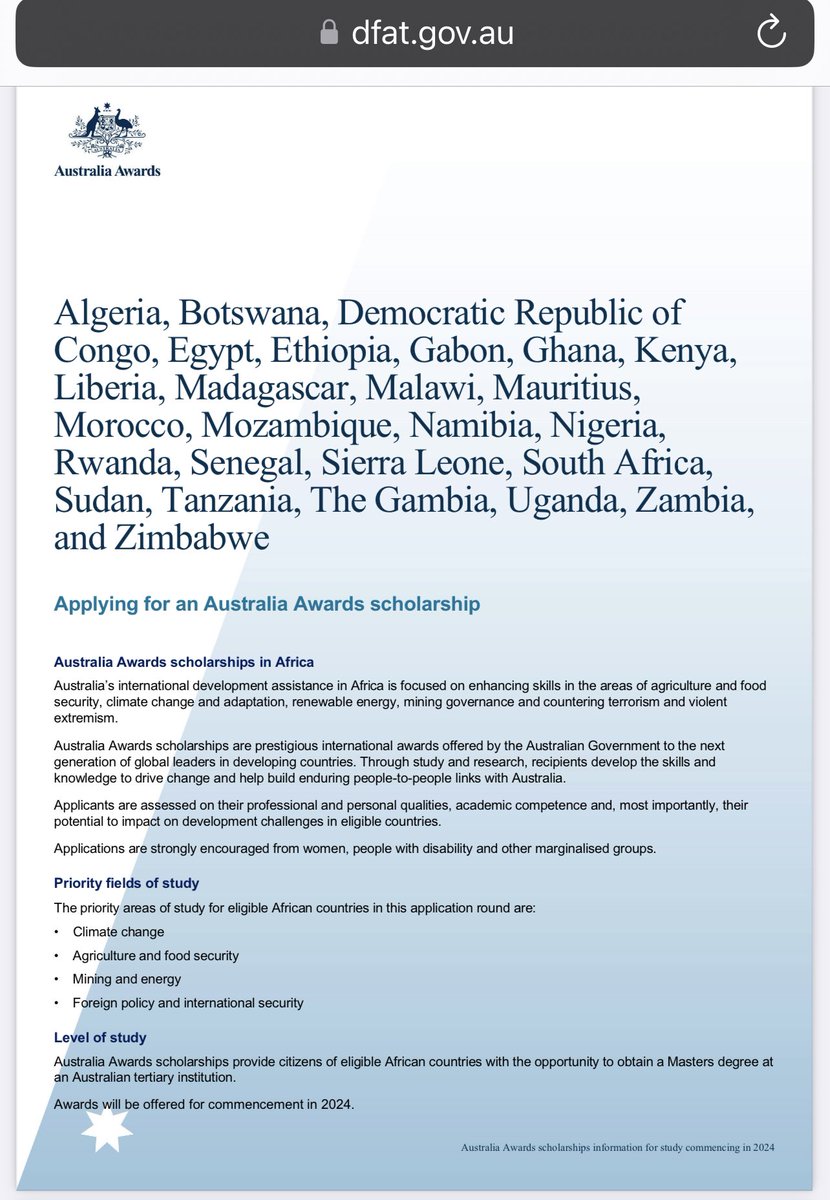 asimwe's tweet image. ::Australia Awards scholarships in Africa:: 
Australia’s international development assistance in Africa is focused on enhancing skills in the areas of agriculture and food security, climate change and adaptation, renewable energy, mining governance and countering terrorism and…