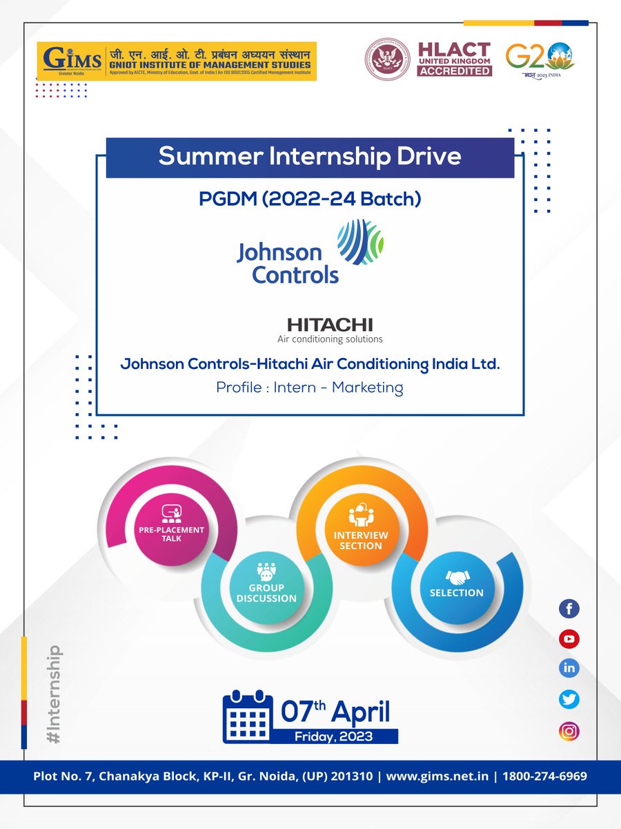 gims_net_in's tweet photo. GIMS, Greater Noida, welcomes Johnson Controls-Hitachi Air Conditioning India Ltd. for the Summer Internship Campus Drive on 7th April 2023 for PGDM (2022-24Batch). #GIMS #JohnsonControlsHitachi #SummerInternship #CampusDrive #PGDM #MillennialManagers #Opportunity #Gratitude https://t.co/yWtxN5Khzq