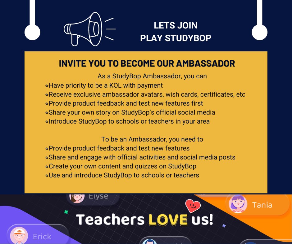 elvin_yam's tweet photo. Some teachers have got the Ambassador Invitation from StudyBop official email.
We want to build an awesome community with you, ensuring all users get best experience.
If you want to be an ambassador and know more, contact us directly
#studybop #ambassador #edtech #learning #game https://t.co/E94hz3r2pG