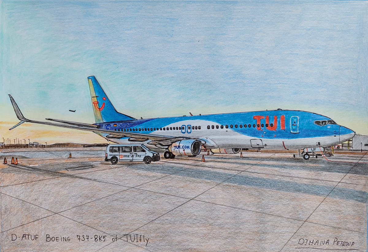 AircraftBy's tweet photo. Another Boeing 737-8K5 of @TUIDeutschland D-ATUF at @MUC_Airport drawn upon a request. Will send it for Bulgaria soon 🇧🇬
#TUIfly #TUI #TUIairways #TUIDeutschland #Boeing #Boeing737 #B737 #Boeing737800 #customdrawing #customart #MunichAirport #Munich https://t.co/DtvjSqBBSY