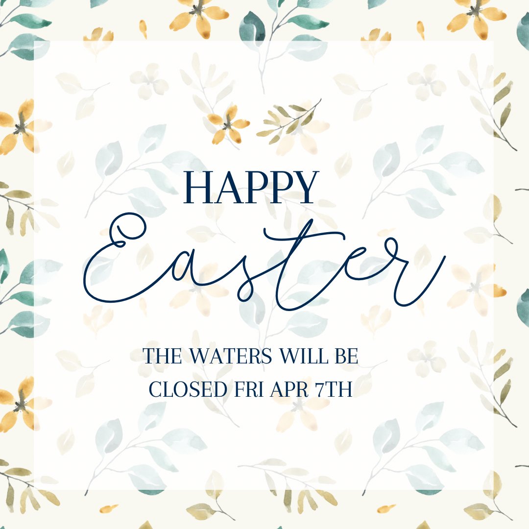 TheWatersSpa's tweet photo. Guests, please note that The Waters will be Closed on Friday, April 7th for the Good Friday Holiday. We will be open at 9am on Saturday, April 8th. Gift Certificates are still available online. #thewatersspa #kwawesome #wrawesome https://t.co/veAzLpyqmt
