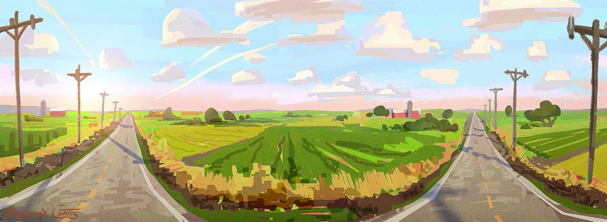 CoatesCloset's tweet photo. This is the last of three rough concepts I made for a roadtrip scene in Nexus Studio's "This Tapedeck is a Timemachine" short a while back. This version was the closest to the original idea.

#Roadtrip #Countryside #Farmland #ConceptArt https://t.co/DUhwxotXrL
