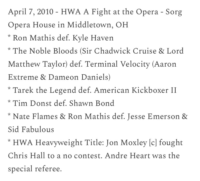 Today in @hwaonline history

2010 - A Fight at the Opera feat. <a href="/RonMathis13/">r O nN I E</a> <a href="/ChadCruise/">Chad Cruise</a> <a href="/JonMoxley/">Jon Moxley</a> <a href="/THE_CHRIS_HALL/">Chris Hall</a> plus Tim Donst, Tarek the Legend, American Kickboxer II, Jesse Emerson and more!

Full results: