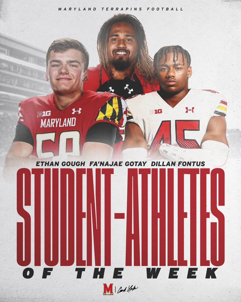 Maryland Football (@terpsfootball) on Twitter photo Congrats to our Student-Athletes of the Week!
<a href="/EthanGough10/">Ethan Gough</a>, <a href="/fa_gotay/">Fa'najae Gotay</a>, <a href="/dillanfontus1/">Dillan Fontus</a>
#TBIA Congrats to our Student-Athletes of the Week!
<a href="/EthanGough10/">Ethan Gough</a>, <a href="/fa_gotay/">Fa'najae Gotay</a>, <a href="/dillanfontus1/">Dillan Fontus</a>
#TBIA
