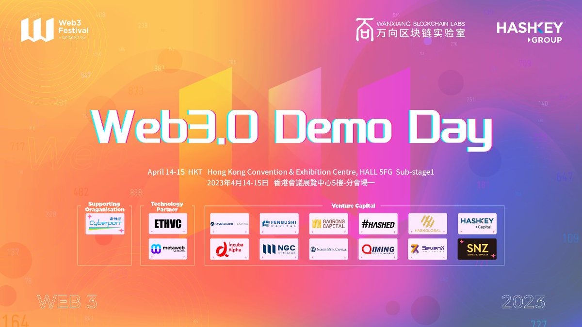 Web3Forecast's tweet image. 4月14日-15日，2023香港Web3嘉年华“Web3.0应用展示日（DemoDay）”将在香港会议展览中心分会场一精彩呈现。Web3.0 Demo Day由万向区块链实验室、HashKey Group联合主办，数码港作为支持单位，ETHVC和MetaWeb Ventures提供技术支持。