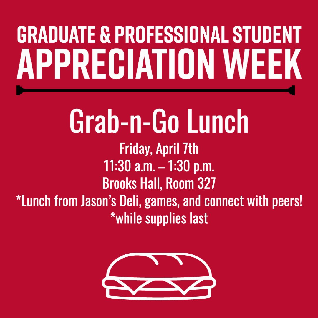 UGAGradSchool's tweet image. Thank you to everyone who has participated this week. We appreciate our graduate and professional students and all of the vital work they are doing. Join us for lunch as we close out our graduate and professional student week!

#Committo #GradDawgs #GradStudies #UGA #GoDawgs
