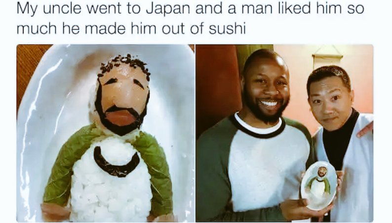 BrysonStarboy's tweet photo. Made him out of sushi https://t.co/CGm5TVgBVR