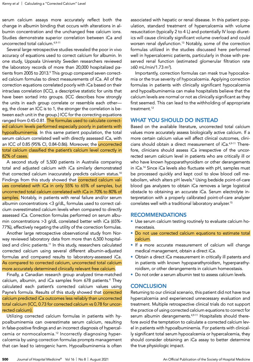 PulmCrit's tweet image. albumin-corrected calcium level is *less* accurate than the uncorrected total calcium level 🤯

I think we all know that that albumin-corrected calcium is junky and you need an iCal to really know the biologically active calcium level... but I didn't realize how bad it is 😬