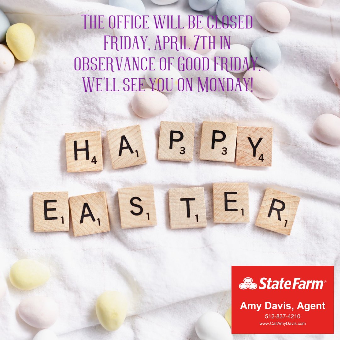 AgentAmyDavis1's tweet photo. The office will be closed on Friday, April 7th, in observance of Good Friday.  We'll be back Monday morning at 9:00 am.  Happy Easter from the Amy Davis Team https://t.co/einf2vu5E1