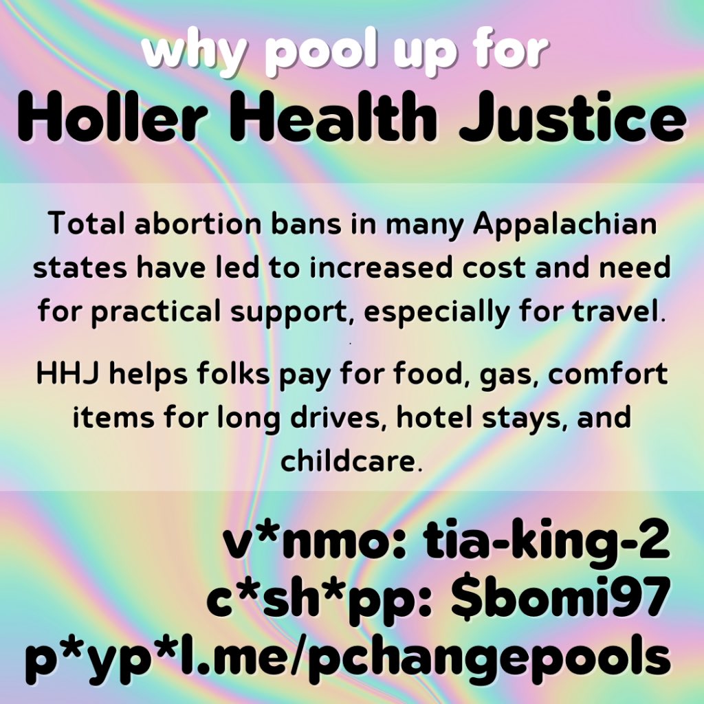 pc_pools's tweet photo. 🌟happy friday lovely fotp! 🌟 today we’re pooling up for @HollerHealth who provides practical + financial support for ppl needing a*bortions in Appalachia! a*ortion bans etc harm Black, brown, and poor folks most, so let’s send HHJ $2k today! https://t.co/Ak4QaaLXo5