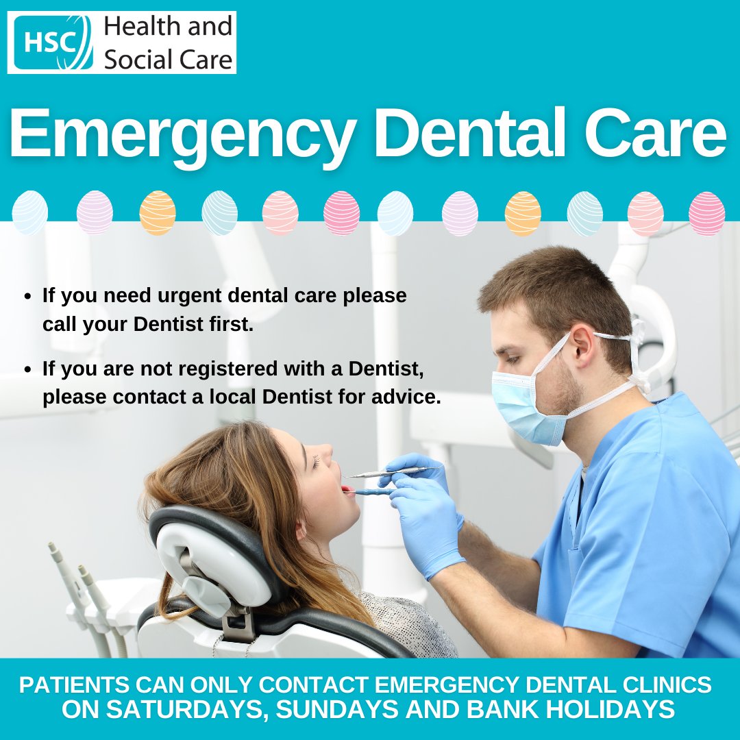 🦷
Dental Practices will be closed over the Easter Holidays on Monday 10 and Tuesday 11 April.
🦷
If you are not registered with a dentist, you should contact a local dental practice at bit.ly/NIDentistList
🦷
For more information visit bit.ly/Emergency-Dent…