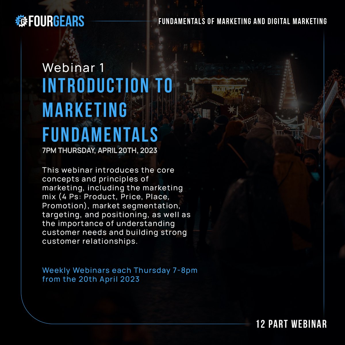 four_gears's tweet photo. Unlock the Secrets to Marketing Success with Our 12-Part Webinar Series 🚀

REGISTRATIONS NOW OPEN!

Are you ready to elevate your marketing game and drive phenomenal results? Introducing our 12-part webinar series: "Fundamentals of Marketing and Digital Marketing." This comprehensive series covers everything from core marketing principles to the latest digital strategies.

Webinar 1: Introduction to Marketing Fundamentals Synopsis:

This webinar introduces the core concepts and principles of marketing, including the marketing mix (4 Ps: Product, Price, Place, Promotion), market segmentation, targeting, and positioning, as well as the importance of understanding customer needs and building strong customer relationships.

REGISTER BY CLICKING THE LINK BELOW

https://t.co/VZXadar5BG 

☎️ 02895902887 📩 info@fourgears.com 🌐 https://t.co/Xl5GTv5o1e

#MarketingWebinar #DigitalMarketing #RegistrationOpening #SaveTheDate #Eventbrite #FourGearsMarketing #Q2Growth #website #design #marketing #socials #digitalmarketing #NI