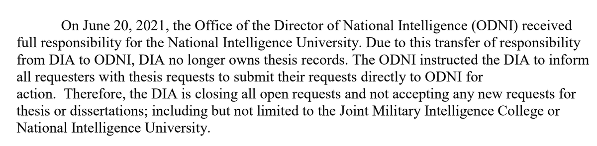 Passing the buck to the ODNI on my #FOIA request to DIA for records on private contractors training foreign intelligence officers at the National Defense University. BUT I did learn that the NDU is now part of US intelligence, which I had long suspected. #SpiesForHire