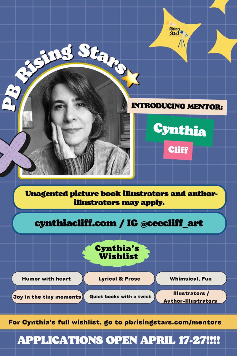 ⭐️ Time for another amazing #PBRisingStars mentor feature and it’s another opportunity for artists! ⭐️

<a href="/CCliff_illo/">Cynthia Cliff</a> is looking for unagented illustrators or author-illustrators and ANY art mediums! 

Check out her full wish list at PBRisingStars.com/cynthia