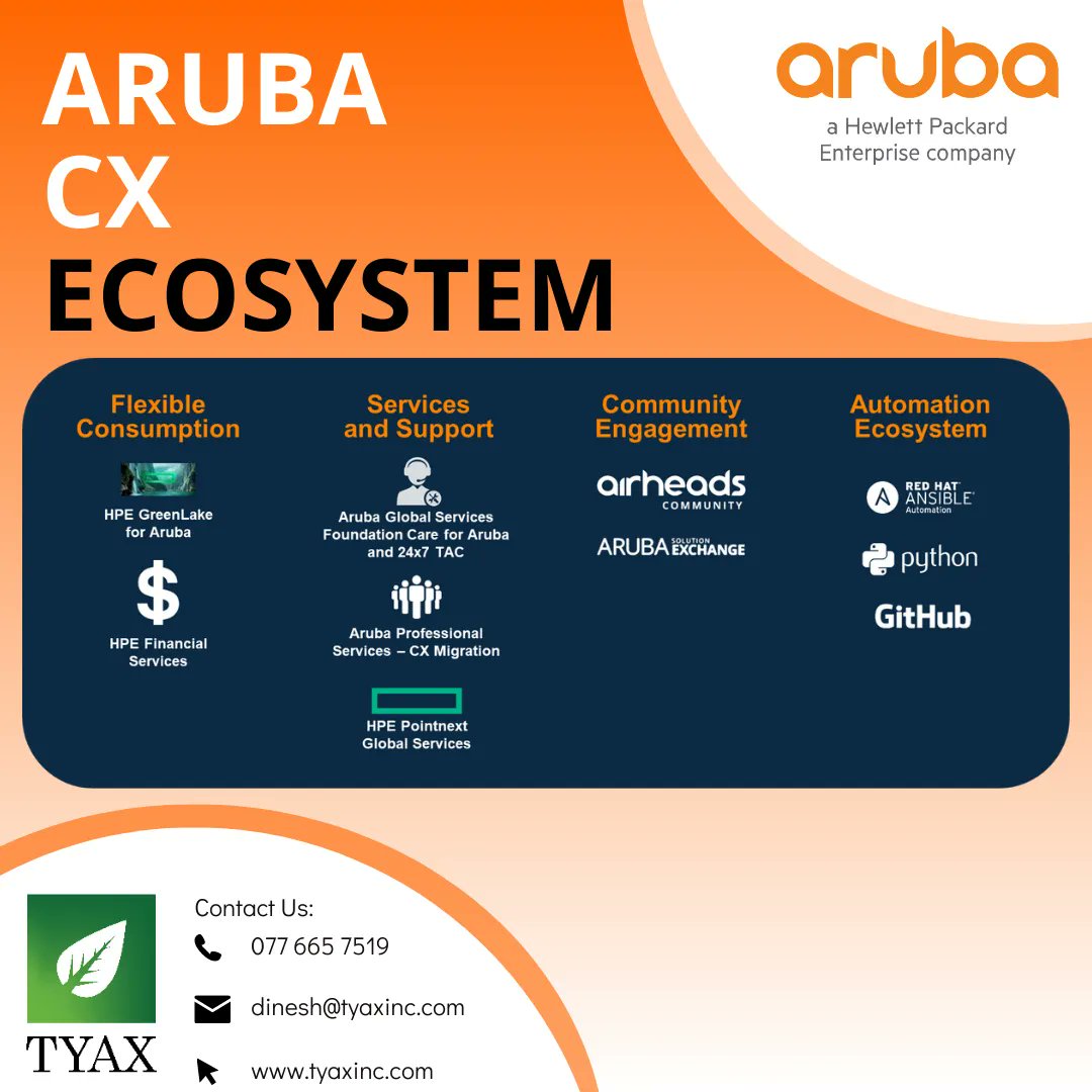 Tyax_Pvt_Ltd's tweet image. Built for flexibility and ease of consumption. Upgrade your network with Aruba CX switches today!
Now available from TYAX Private Limited.  Contact Dinesh on 077 665 7519 for more info.

#TYAX #ArubaCX #CloudNativeInfrastructure #Analytics #Automation #FutureProof
