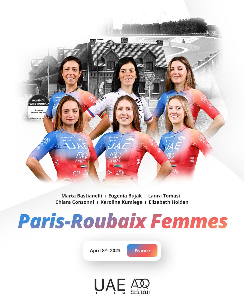 UAETeam_ADQ (@uaeteamadq) on Twitter photo 08.04
<a href="/RoubaixFemmes/">Paris-Roubaix Femmes avec Zwift</a>
Denain-Roubaix | 🇫🇷 (145.5km)
Start: 13:35 - Finish: 17:30 CEST
Live on Eurosport/GCN from 15:00 CEST
LINE UP: <a href="/martabasti/">Marta Bastianelli</a>, <a href="/consonni_chiara/">Chiara Consonni</a>, <a href="/EugeniaBujak/">Eugenia Bujak</a>, Laura #Tomasi, <a href="/lizzie_holden/">Lizzie Holden</a>, <a href="/Karolinakumiega/">Karolina kumiega</a>
#ParisRoubaixFemmes #UAETeamADQ #UnitedToBeStronger 08.04
<a href="/RoubaixFemmes/">Paris-Roubaix Femmes avec Zwift</a>
Denain-Roubaix | 🇫🇷 (145.5km)
Start: 13:35 - Finish: 17:30 CEST
Live on Eurosport/GCN from 15:00 CEST
LINE UP: <a href="/martabasti/">Marta Bastianelli</a>, <a href="/consonni_chiara/">Chiara Consonni</a>, <a href="/EugeniaBujak/">Eugenia Bujak</a>, Laura #Tomasi, <a href="/lizzie_holden/">Lizzie Holden</a>, <a href="/Karolinakumiega/">Karolina kumiega</a>
#ParisRoubaixFemmes #UAETeamADQ #UnitedToBeStronger