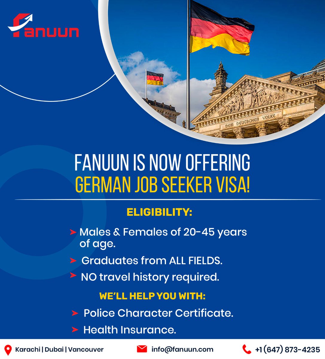 FANUUN now offers Germany Job Seeker Visa an excellent immigration option for those seeking employment opportunities in Germany

Get in touch with FANUUN today!

#germanyvisa #germany #jobseeker #jobseekers #immigration #FANUUN