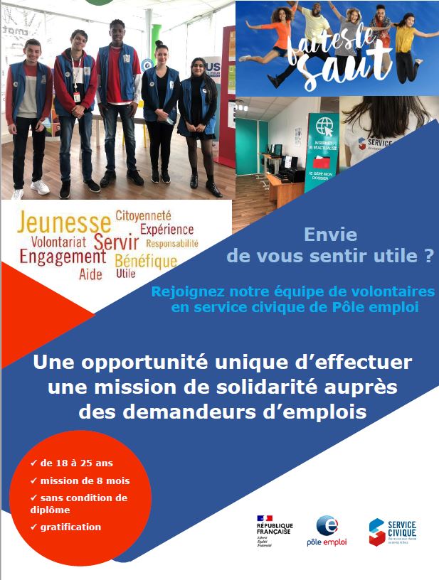 #servicecivique @poleemploi_RCVL 
Tout est dans l'affiche. Si vous êtes intéressés rapprochez vous de votre agence 😃
service-civique.gouv.fr/etre-volontaire