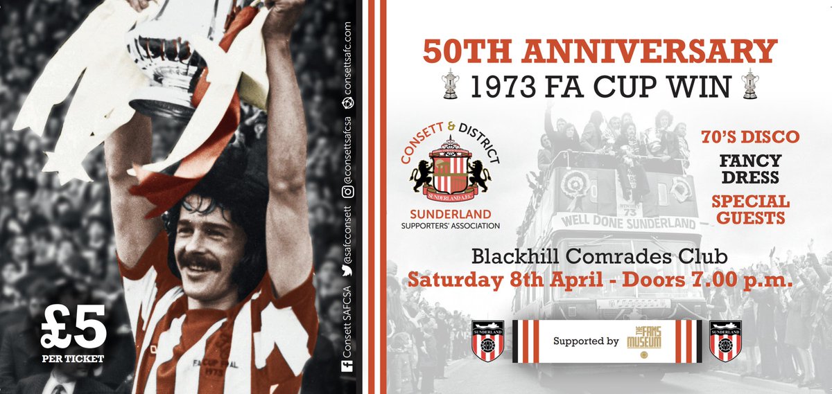 We have some tickets remaining for our 50th Anniversary of the 1973 FA Cup win event tomorrow night. Only £5 a ticket with proceeds going to <a href="/Willow_Burn/">Willow Burn Hospice</a> The <a href="/FansMuseum/">Fans Museum</a> will be joining us on the night. Don't miss out!