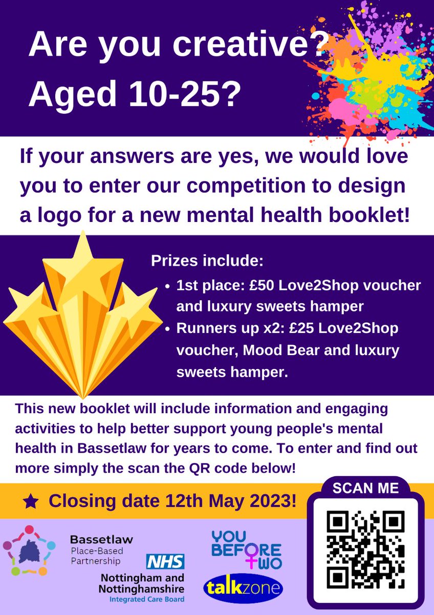 LGBTplusNotts's tweet image. Are you 10-25 years old? Do you want to get involved in creating and designing a name and logo for a mental health and wellbeing resource pack? Scan the QR code to find out more!