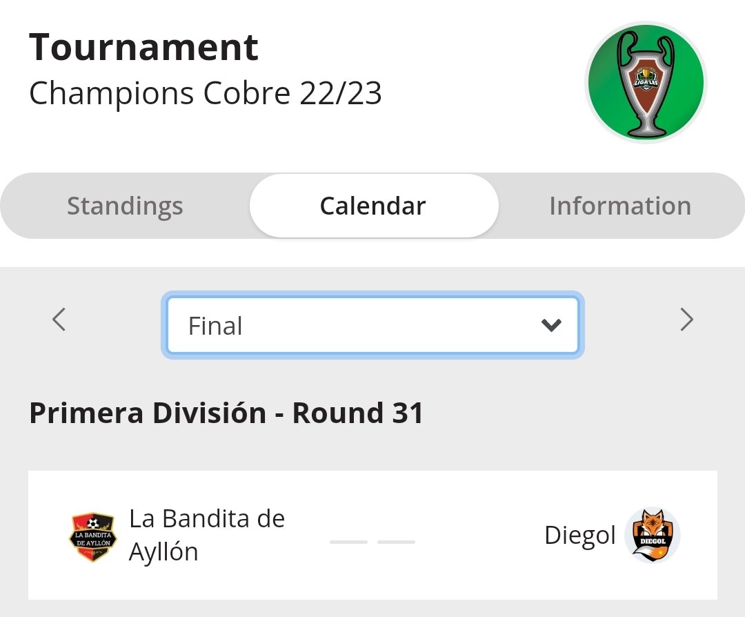 Grand Finale Champions Cobre 🏅🤼

<a href="/DaniAyllon90/">Daniel Ayllón</a> 🔴⚫ vs <a href="/Crazpy/">Crazpy</a> 🦊

IDA - J31
VUELTA - J33

💚 Mucha suerte Cracks