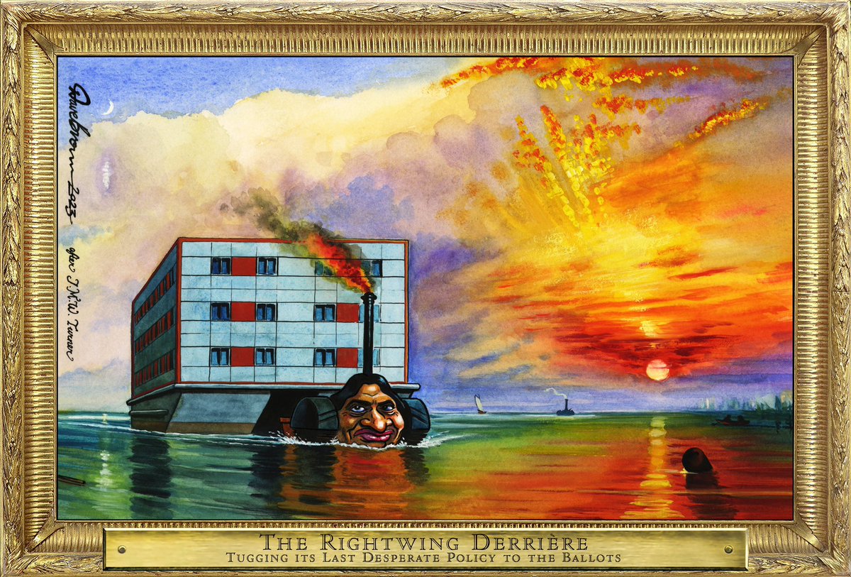 Dave Brown's #RoguesGallery cartoon, after #JMWTurner #SuellaBraverman #MigrantBarge #AsylumSeekers #Refugees #SmallBoats #AsylumPolicy #PrisonHulks #FightingTemeraire - political cartoon gallery in London original-political-cartoon.com