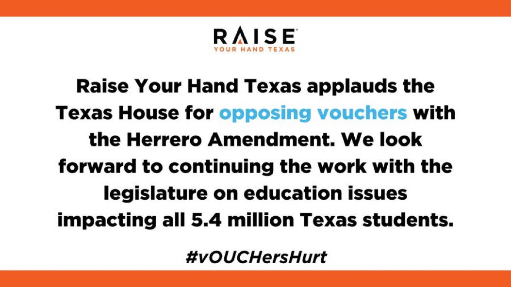 Raise Your Hand Texas applauds the passing of the Herrero Amendment, which continues a legacy of supporting Texas public schools. Thank you to our pub Ed heroes for standing strong for ALL kids. #TxEd #TxLege #vOUCHersHurt <a href="/RYHTexas/">RaiseYourHandTexas</a>