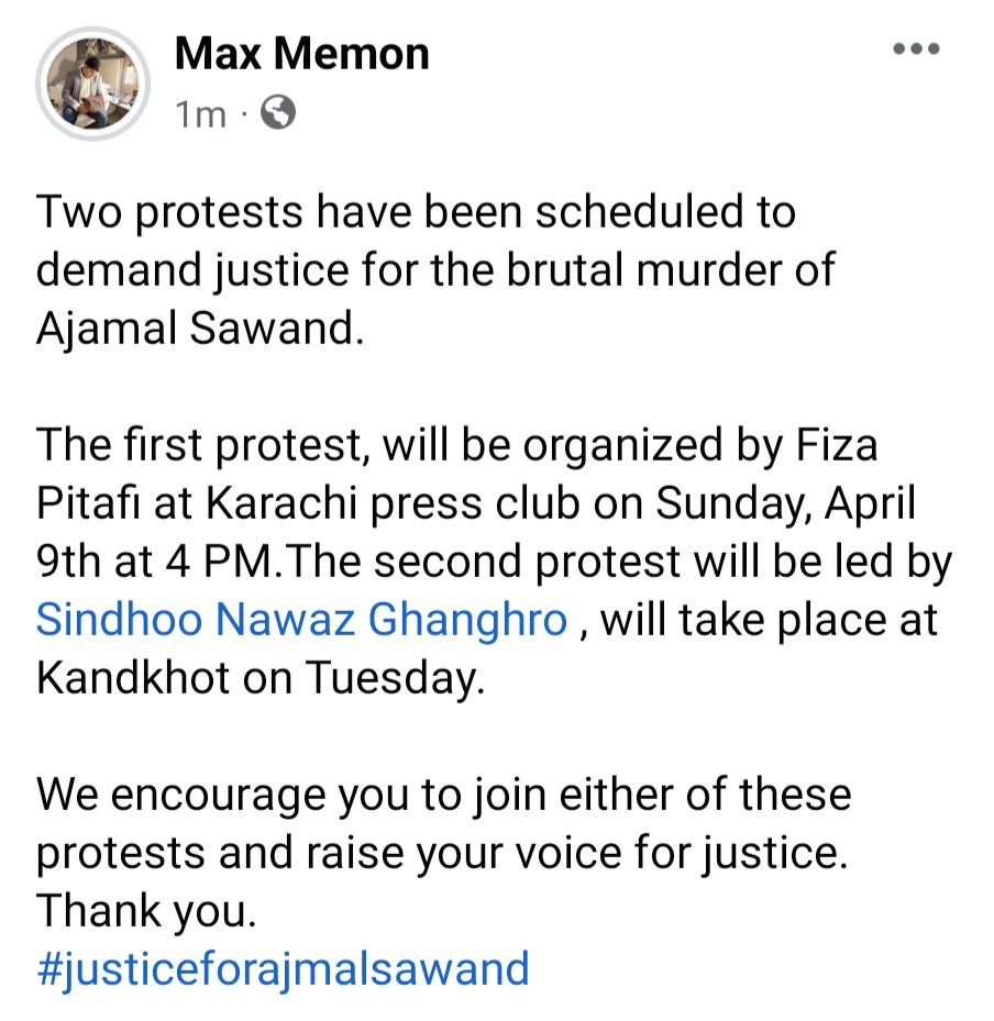 maxmemon's tweet photo. We encourage you to join either of these protests and raise your voice for justice. Thank you.
#justiceforajmalsawand https://t.co/n2e7NU55wy
