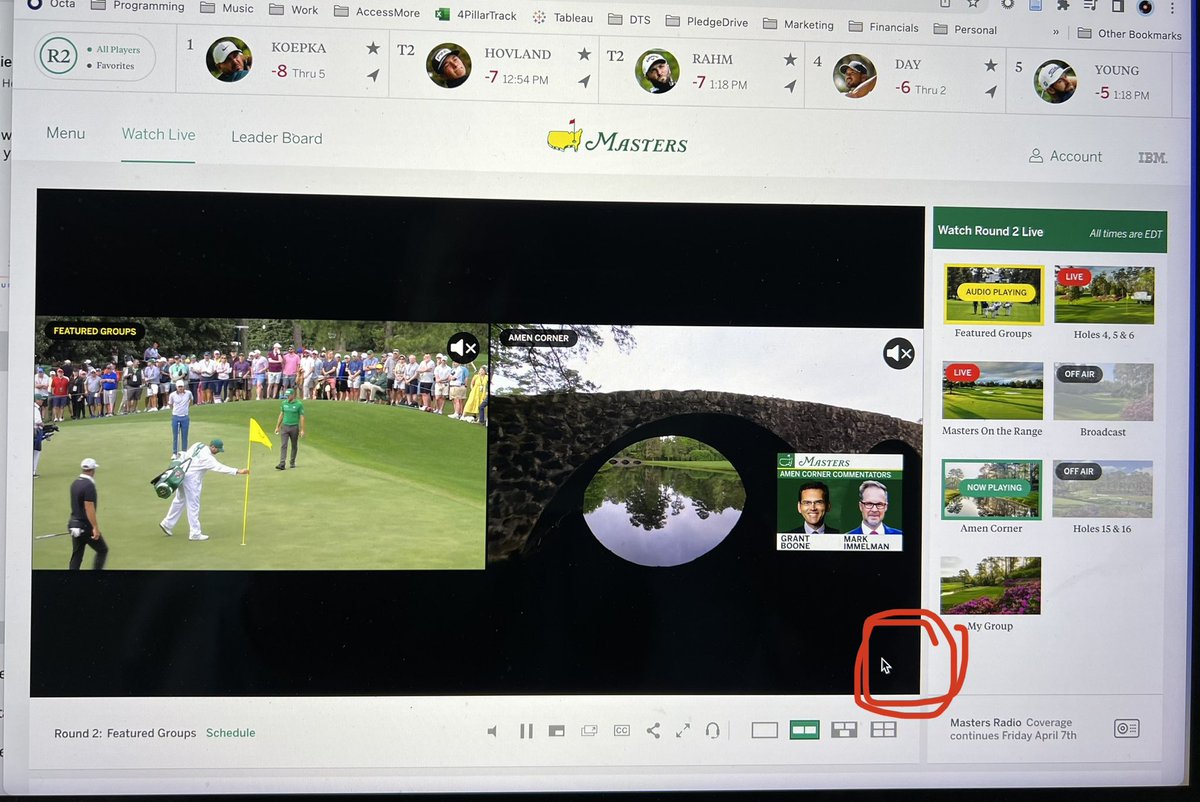 housemix's tweet photo. .@TheMasters, your app is incredible. It’s an ace! Could I offer a tweak to your video tab on the web? No way to go full screen when i open more than one square? You’re still in red figures but that’s a 3 putt bogey. https://t.co/jvondkLqna