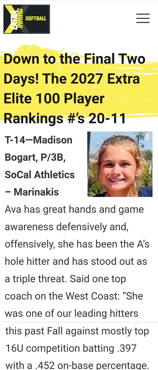 Athletics_2027's tweet photo. Extra Innings Elite Top100 Rankings had another SoCal 09 National Team player breaking the Top 20 for Class of 2027 ~ Madison Bogart moves up from #30 last year to #14! Congrats 3, We 👀 You Working Kid! #SoCal09N https://t.co/bSC7t4KV07