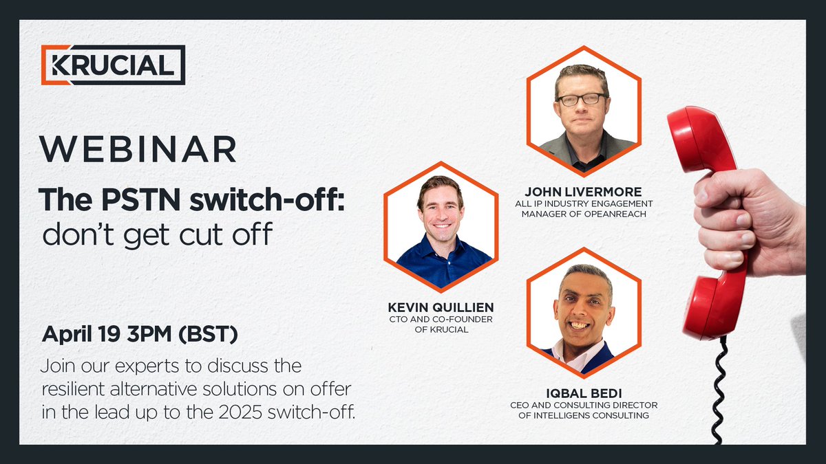 Don't be caught off-guard by the PSTN switch-off!   

Is your business ready for the move from traditional phone lines?   

Join our webinar at 3pm on 19/4 to learn about resilient alternatives to PSTN: content.krucial.com/pstn-switch-of…

#PSTNswitchoff