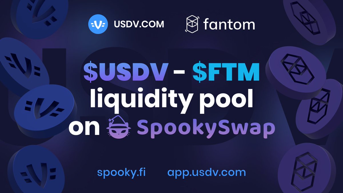 USDV_COM's tweet photo. 🎉 $USDV is whitelisted on @SpookySwap! 

Join the action at https://t.co/iEQZJsuoJT and enjoy smooth swapping while adding liquidity to the $USDV - $FTM pool. Maximize your crypto potential! 🌐💧

Start using USDV at https://t.co/Qd50RHVPaJ https://t.co/UrDC94TANF