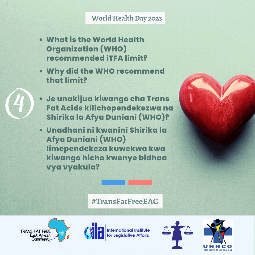 IILAinfo's tweet photo. Question 4:
👉 What is the World Health Organization (WHO) recommended iTFA limit? Why did the WHO recommend that limit?
👉 Je unakijua kiwango cha TFAs kilichopendekezwa na WHO? Kwanini WHO limependekeza kuwekwa kwa kiwango hicho kwenye bidhaa vya vyakula?
#TransFatFreeEAC https://t.co/HGDRB9tQJt