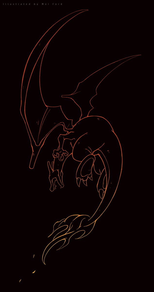 charizard flame-tipped tail pokemon (creature) no humans monochrome black background solo claws  illustration images