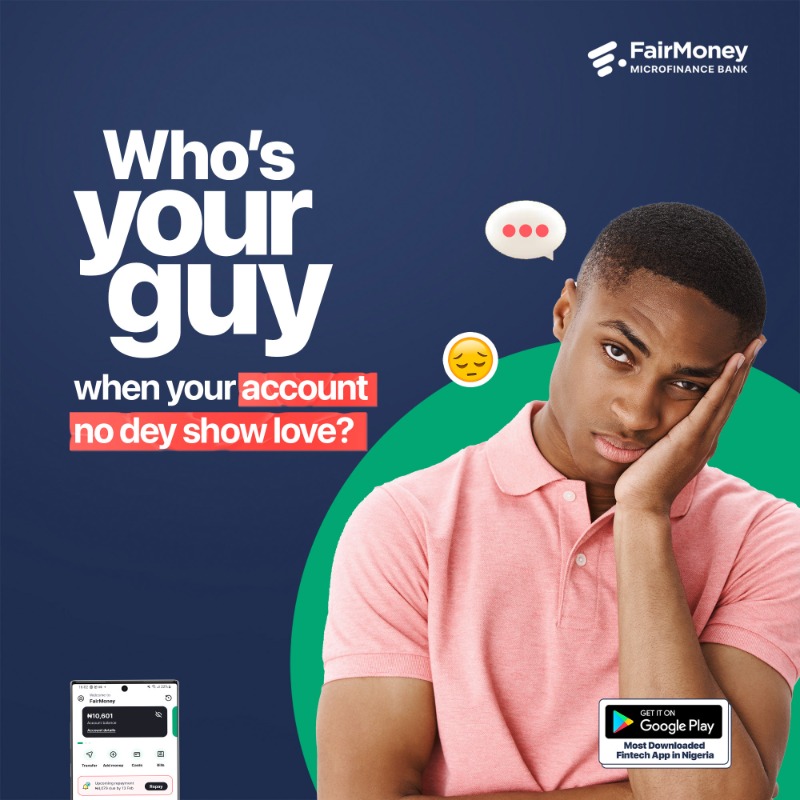 fairmoney_ng's tweet photo. FairMoney is your guy when you need “Urgent 2k”, no questions asked! Get a quick loan in 5 mins today from FairMoney, your loan guy! #FairMoneyYourLoanGuy