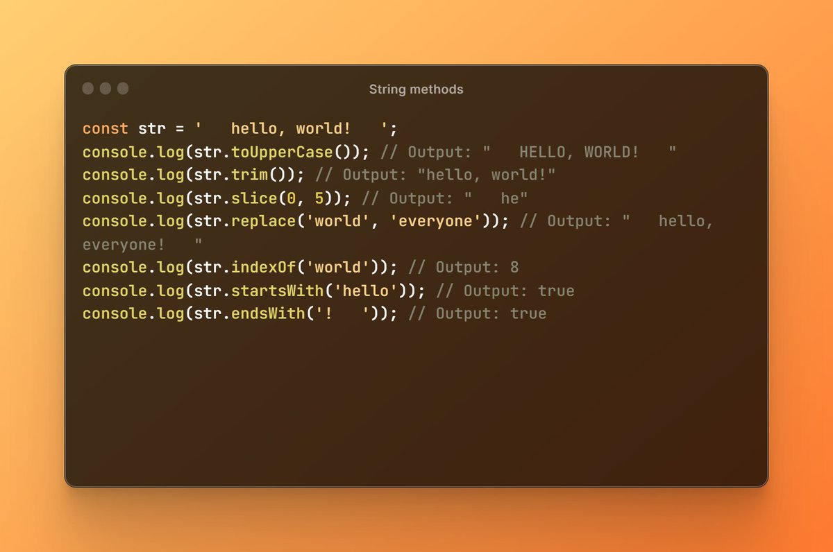 nlagdhir's tweet image. 4. String methods: JavaScript provides several built-in string methods, such as
👉toUpperCase()
👉toLowerCase()
👉trim()
👉slice()
👉replace()
👉indexOf()
👉startsWith()
👉endsWith() and many more.
#javascript #webdevelopment #stepbystepjs