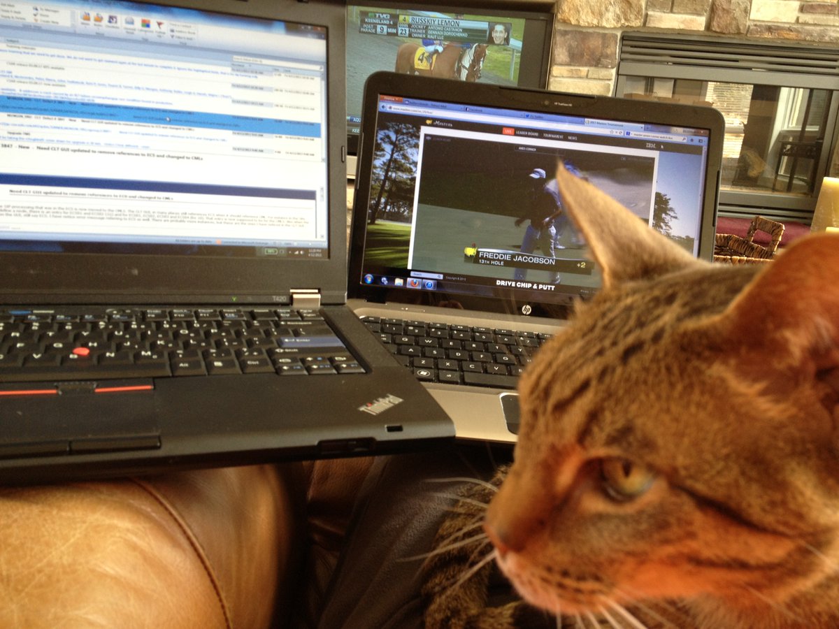 LAB019's tweet photo. Flashback Friday: Opening Day Keeneland, second round of the Masters, work (from home) and one cat!  #RIPPress https://t.co/m8avS50yzM