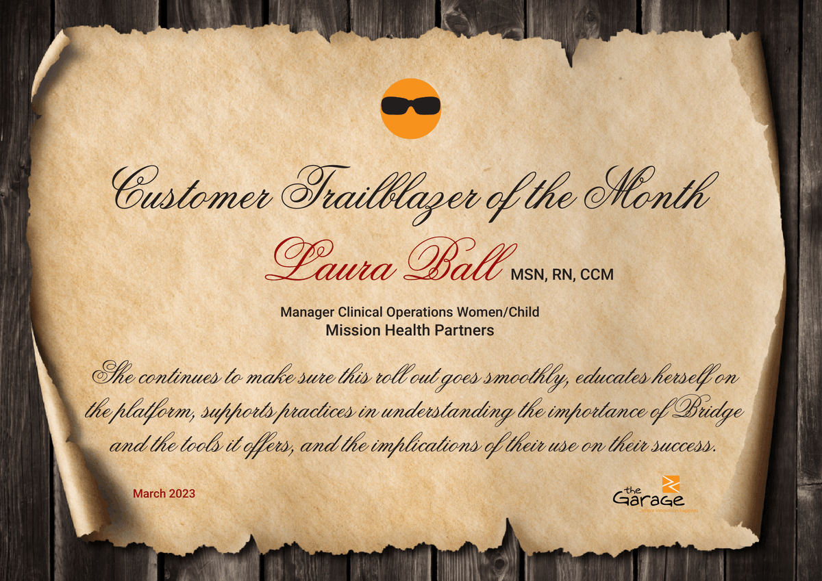 TheGarageIn's tweet photo. Congratulations to our March Customer Trailblazer, Laura Ball, Manager, Clinical Operations Women/Child at Mission Health Partners!
#CustomerSuccess #NorthStar #inspiration #Trailblazer #changinghealthcareforgood https://t.co/dZd3PP4uBm