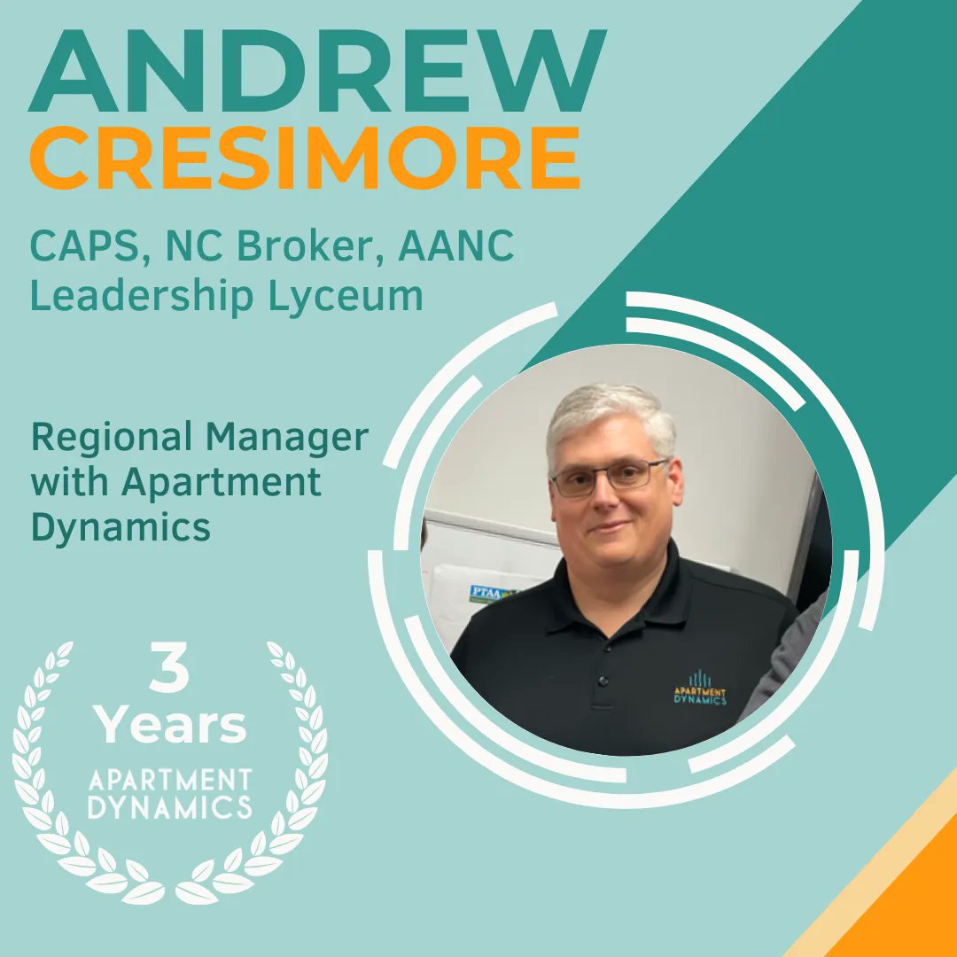 MarySGwyn's tweet photo. Today weโre celebrating Andrew Cresimore who recently hit his 3rd @AptDynamics anniversary. He's worked for #AptDynamics for 3 years as a regional manager overseeing multiple properties throughout NC. Congratulations Andrew! #PositiveImpact #anniversary #workanniversary #teamwork https://t.co/Gee3PM8epy