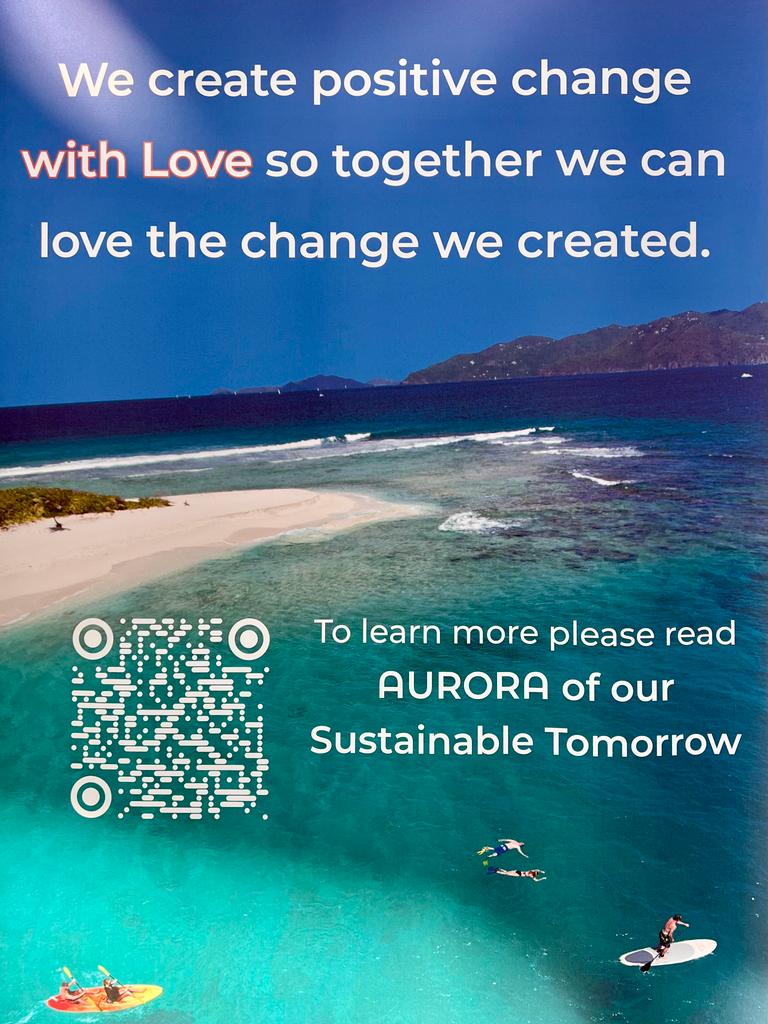 Banner at the Fountaine Pajot announcement event with QR code to the digital book concerning TradeWinds first hydrogen-powered yacht, 'Aurora'.
#Sustainability #sustainableliving #electricyacht #luxuryvacations #ecofriendly #environnement