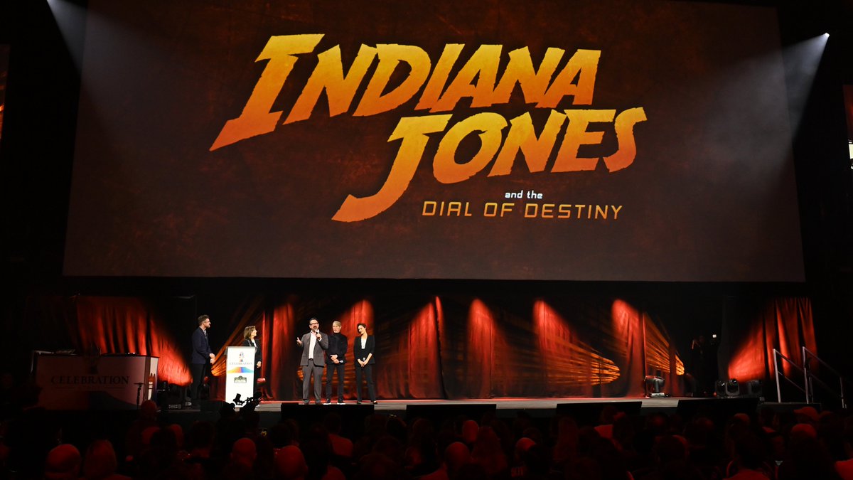 IndianaJones's tweet photo. Phoebe Waller-Bridge, Mads Mikkelsen, and Director/Co-Writer James Mangold join Producer Kathleen Kennedy on stage at #StarWarsCelebration to debut the new trailer for #IndianaJones and the Dial of Destiny. https://t.co/I953UFEAlO