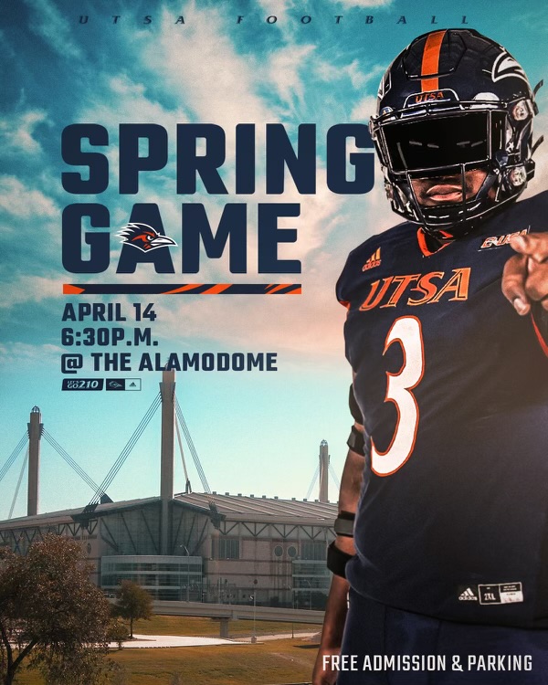 We are 1 week away from @UTSAFTBL's Spring Game! 🤩 📍 Alamodome ⌚ 6:30 p.m. 🗓️ April 14 Parking and Admission are both FREE! 🏈 #BirdsUp🤙 | #LetsGo210